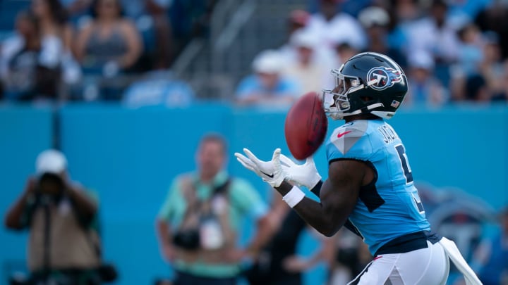 Tennessee Titans wide receiver Kearis Jackson (5) takes the San Francisco 49ers kickoff during their first preseason game of the 2024-25 season at Nissan Stadium Saturday, Aug. 10, 2024.