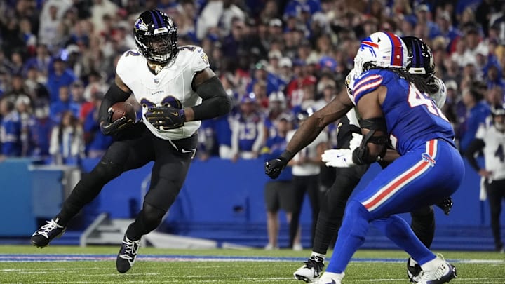 Sep 7, 2025; Orchard Park, New York, USA; Baltimore Ravens running back Derrick Henry (22) runs the ball for a touchdown during the second quarter against the Buffalo Bills at Highmark Stadium. Mandatory Credit: Gregory Fisher-Imagn Images Sep 7, 2025; Orchard Park, New York, USA; Baltimore Ravens running back Derrick Henry (22) runs the ball for a touchdown during the second quarter against the Buffalo Bills at Highmark Stadium. Mandatory Credit: Gregory Fisher-Imagn Images