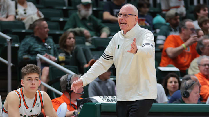 Dec 21, 2024; Coral Gables, Florida, USA; Miami Hurricanes head coach Jim Larranaga reacts from the sideline against the Mount St. Mary's Mountaineers during the second half at Watsco Center. Mandatory Credit: Sam Navarro-Imagn Images Dec 21, 2024; Coral Gables, Florida, USA; Miami Hurricanes head coach Jim Larranaga reacts from the sideline against the Mount St. Mary's Mountaineers during the second half at Watsco Center. Mandatory Credit: Sam Navarro-Imagn Images