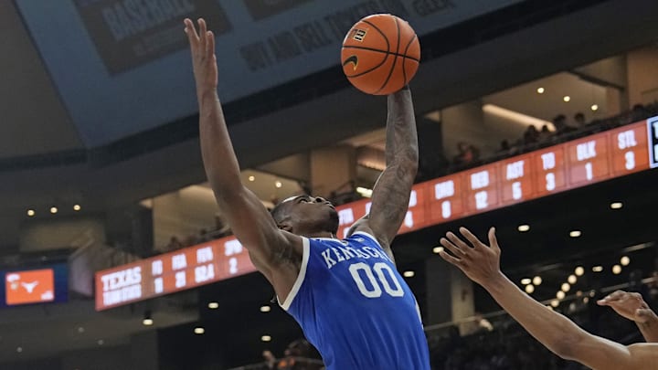 Feb 15, 2025; Austin, Texas, USA; Kentucky Wildcats guard Otega Oweh (0) grabs a rebound during the first half against the Texas Longhorns at Moody Center. Mandatory Credit: Scott Wachter-Imagn Images

