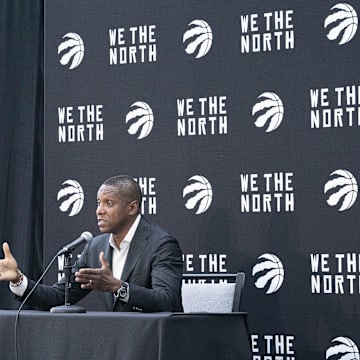 Sep 26, 2022; Toronto, Ontario, CA; Masai Ujiri Vice Chairman and Team President of the Toronto Raptors talks to the media during Media Day at the Hotel X. Mandatory Credit: Nick Turchiaro-Imagn Images