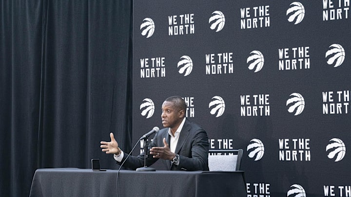 Sep 26, 2022; Toronto, Ontario, CA; Masai Ujiri Vice Chairman and Team President of the Toronto Raptors talks to the media during Media Day at the Hotel X. Mandatory Credit: Nick Turchiaro-Imagn Images