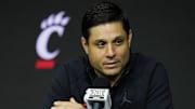 Oct 23, 2024; Kansas City, MO, USA; Cincinnati Bearcats head coach Wes Miller talks to media during the Big 12 Men’s Basketball Media Day at T-Mobile Center. Mandatory Credit: Jay Biggerstaff-Imagn Images