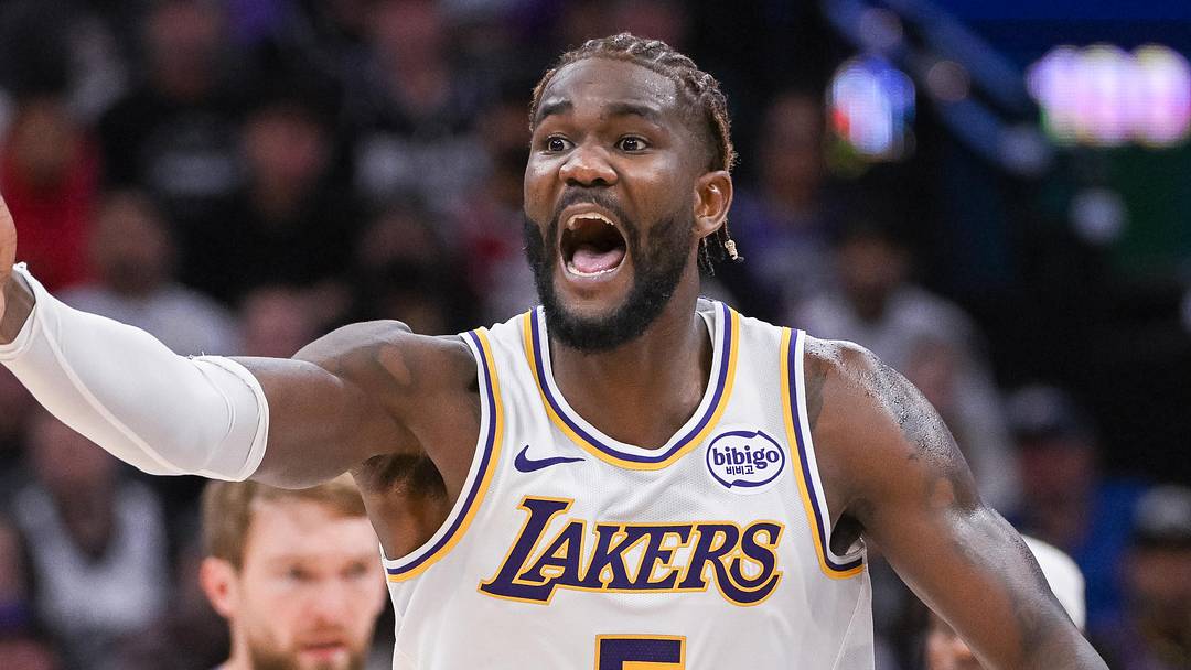 Oct 26, 2025; Sacramento, California, USA; Los Angeles Lakers center Deandre Ayton (5) reacts to a call during the fourth quarter of the game against the Sacramento Kings at Golden 1 Center. Mandatory Credit: Ed Szczepanski-Imagn Images
