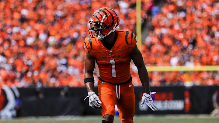 Sep 8, 2024; Cincinnati, Ohio, USA; Cincinnati Bengals wide receiver Ja'Marr Chase (1) prepares for the snap in the second half against the New England Patriots at Paycor Stadium. Mandatory Credit: Katie Stratman-Imagn Images