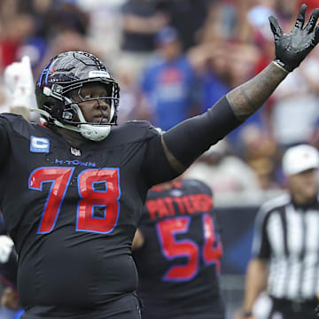 Oct 6, 2024; Houston, Texas, USA; Houston Texans offensive tackle Laremy Tunsil (78) celebrates after the Texans defeated the Buffalo Bills at NRG Stadium. Mandatory Credit: Troy Taormina-Imagn Images