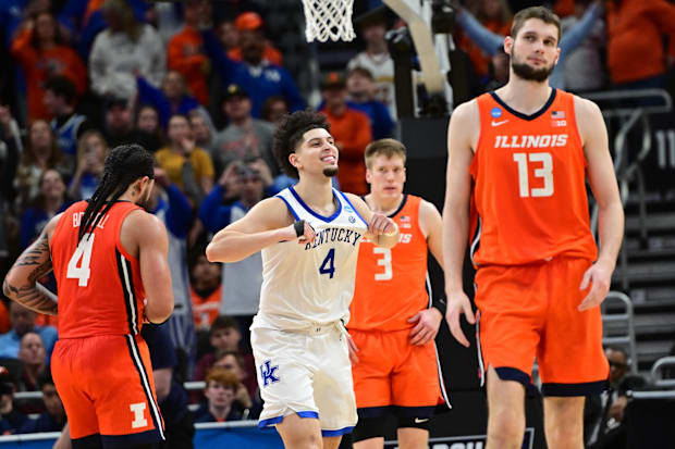 Kentucky Wildcats guard Koby Brea (4) reacts after defeating the Illinois Fighting Illini.
