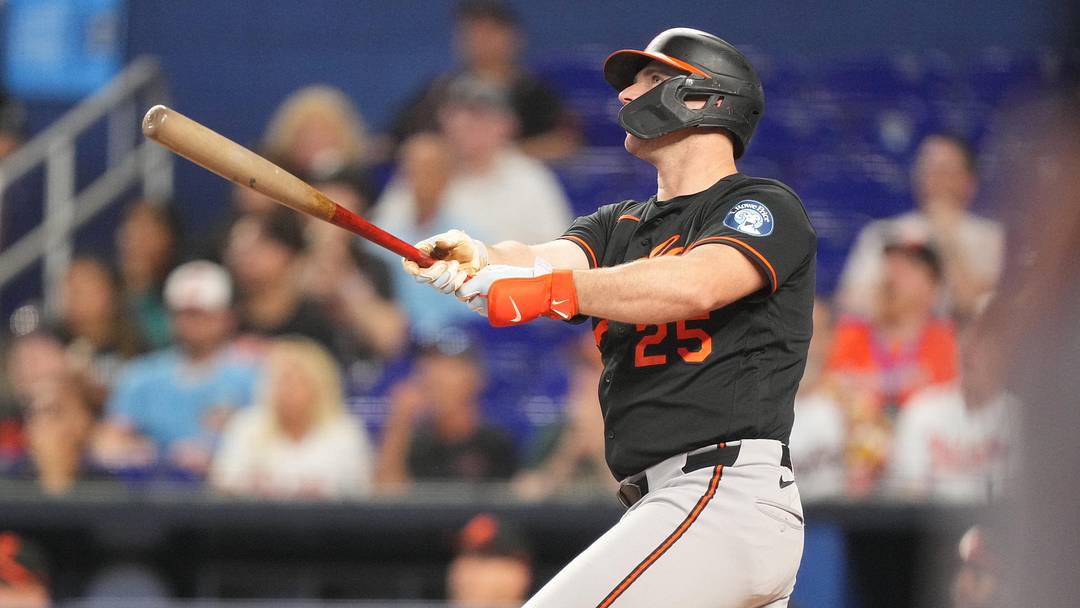 May 6, 2026; Miami, Florida, USA;  Baltimore Orioles first baseman Pete Alonso (25) hits a three-run home run in the first inning against the Miami Marlins at loanDepot Park. Mandatory Credit: Jim Rassol-Imagn Images