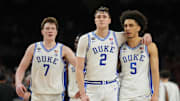 Apr 5, 2025; San Antonio, TX, USA;  Duke Blue Devils forward Cooper Flagg (2) and Duke Blue Devils guard Tyrese Proctor (5) react against the Houston Cougars in the semifinals of the men's Final Four of the 2025 NCAA Tournament at the Alamodome. 