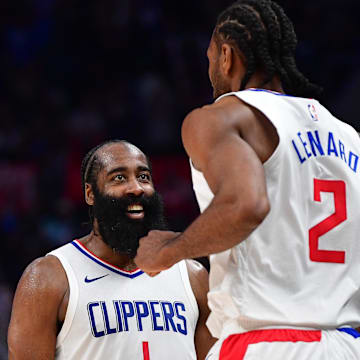 Los Angeles Clippers guard James Harden (1) and forward Kawhi Leonard (2) against the Brooklyn Nets at Crypto.com Arena.