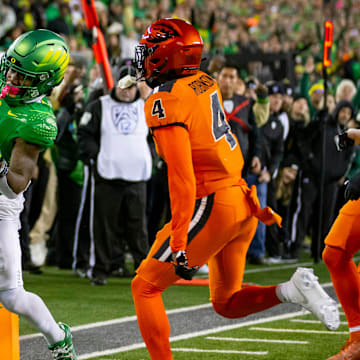 Oregon running back Bucky Irving scores a touchdown as the No. 6 Oregon Ducks take on the No. 16 Oregon State Beavers Friday, Nov. 24, 2023, at Autzen Stadium in Eugene, Ore.