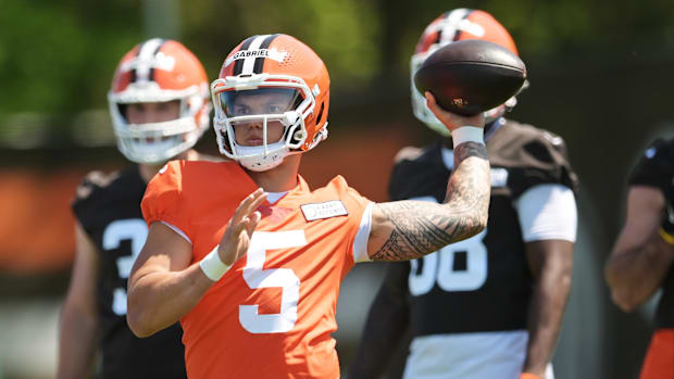 May 10, 2025; Berea, OH, USA; Cleveland Browns quarterback Dillon Gabriel (5) throws a pass during rookie minicamp at CrossCo