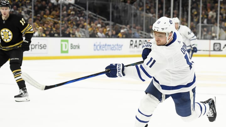 Apr 20, 2024; Boston, Massachusetts, USA; Toronto Maple Leafs center Max Domi (11) shoots the puck during the second period in game one of the first round of the 2024 Stanley Cup Playoffs against the Boston Bruins at TD Garden. Mandatory Credit: Bob DeChiara-USA TODAY Sports