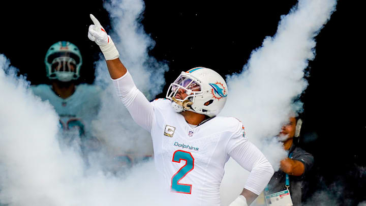 Nov 9, 2025; Miami Gardens, Florida, USA; Miami Dolphins outside linebacker Bradley Chubb (2) runs on the field before a game against the Buffalo Bills at Hard Rock Stadium. Mandatory Credit: Jeff Romance-Imagn Images