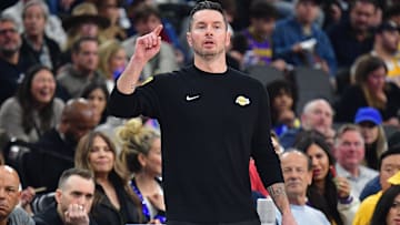 Los Angeles Lakers head coach JJ Redick watches game action against the Los Angeles Clippers during the first half at Intuit Dome.