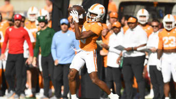 Tennessee wide receiver Squirrel White (10) catches a pass during the Citrus Bowl NCAA College football game between Tennessee and Iowa in Orlando, Fla., Monday, Jan. 1, 2024.