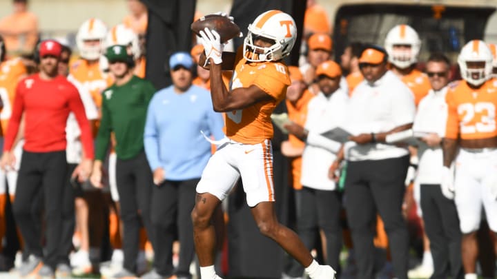 Tennessee wide receiver Squirrel White (10) catches a pass during the Citrus Bowl NCAA College football game between Tennessee and Iowa in Orlando, Fla., Monday, Jan. 1, 2024.