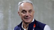 Oct 29, 2024; New York, New York, USA; MLB commissioner Rob Manfred before game four of the 2024 MLB World Series between the Los Angeles Dodgers and New York Yankees at Yankee Stadium.