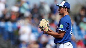 Mar 10, 2025; Dunedin, Florida, USA; Toronto Blue Jays pitcher Jake Bloss (39) sets to throw a pitch against the Houston Astros in the seventh inning during spring training at TD Ballpark in Dunedin, Fla., on March 10, 2025.