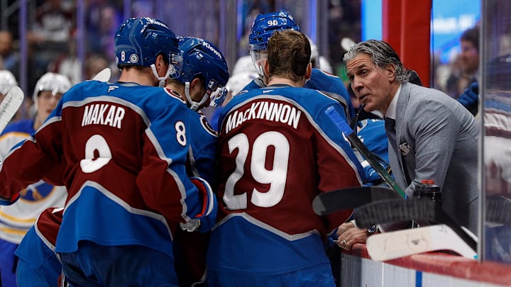 Jan 2, 2025; Denver, Colorado, USA; Colorado Avalanche head coach Jared Bednar talks with center Nathan MacKinnon (29) and defenseman Cale Makar (8) during a timeout in the third period against the Buffalo Sabres at Ball Arena. Mandatory Credit: Isaiah J. Downing-Imagn Images