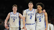 Apr 5, 2025; San Antonio, TX, USA;  Duke Blue Devils forward Cooper Flagg (2) and Duke Blue Devils guard Tyrese Proctor (5) react against the Houston Cougars in the semifinals of the men's Final Four of the 2025 NCAA Tournament at the Alamodome. Mandatory Credit: Robert Deutsch-Imagn Images