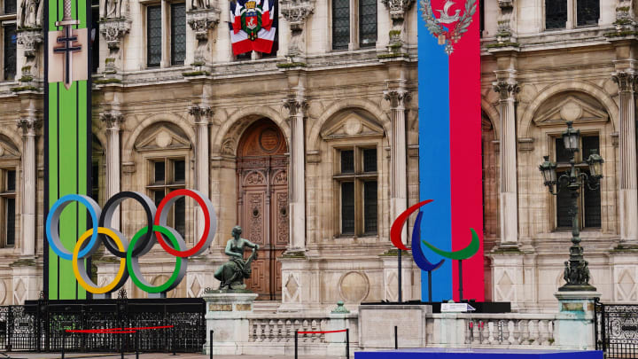 Paris, FRANCE;  the Olympic rings and Paralympic logo are on display outside of the Hotel de Ville ahead of the Paris 2024 Summer Olympic Games. 