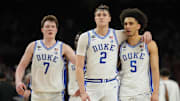 Duke Blue Devils forward Cooper Flagg guard Tyrese Proctor react against the Houston Cougars in 2025 NCAA men's Final Four