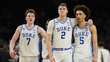Duke Blue Devils forward Cooper Flagg and guard Tyrese Proctor against the Houston Cougars in the 2025 NCAA Tournament