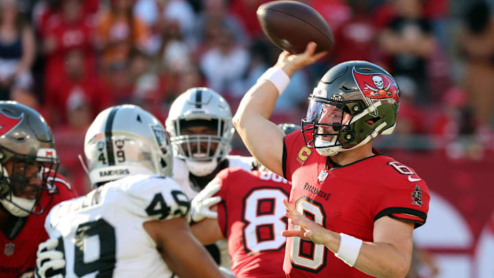 Mayfield threw three touchdown passes in the Buccaneers' win over the Raiders on Sunday. 