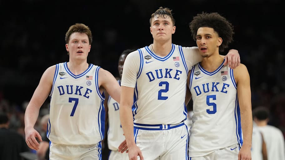 Duke Blue Devils guard Kon Knueppel, forward Cooper Flagg and Tyrese Proctor play in the Final Four. | Robert Deutsch-Imagn Images