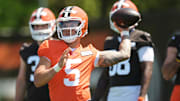 May 10, 2025; Berea, OH, USA; Cleveland Browns quarterback Dillon Gabriel (5) throws a pass during rookie minicamp at CrossCountry Mortgage Campus. Mandatory Credit: Ken Blaze-Imagn Images