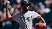 Miami Marlins starting pitcher Sandy Alcantara (22) pitches in the first inning against the Colorado Rockies at Coors Field. 