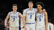 Duke Blue Devils forward Cooper Flagg and Tyrese Proctor against the Houston Cougars in the 2025 NCAA Tournament