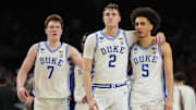 Duke Blue Devils forward Cooper Flagg and Duke Blue Devils guard Tyrese Proctor react against the Houston Cougars in the semifinals of the men's Final Four of the 2025 NCAA Tournament at the Alamodome. 