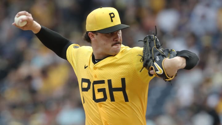 Jul 5, 2024; Pittsburgh, Pennsylvania, USA;  Pittsburgh Pirates starting pitcher Paul Skenes (30) delivers a pitch against the New York Mets during the first inning at PNC Park. Mandatory Credit: Charles LeClaire-USA TODAY Sports