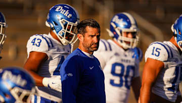 Nov 8, 2025; East Hartford, Connecticut, USA; Duke Blue Devils head coach Manny Diaz on the field for warm up before the start of the game against the UConn Huskies at Pratt & Whitney Stadium at Rentschler Field. Mandatory Credit: David Butler II-Imagn Images