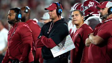 Alabama coach Kalen DeBoer watches during a college football game between the University of Oklahoma Sooners (OU) and the Alabama Crimson Tide at Gaylord Family - Oklahoma Memorial Stadium in Norman, Okla., Saturday, Nov. 23, 2024. Oklahoma won 24-3.