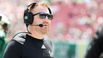 Sep 20, 2025; Tampa, Florida, USA; South Florida Bulls head coach Alex Golesh against the South Carolina State Bulldogs during the first quarter at Raymond James Stadium. Mandatory Credit: Kim Klement Neitzel-Imagn Images