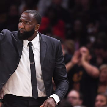 June 8, 2018; Cleveland, OH, USA; Cleveland Cavaliers center Kendrick Perkins (21) during the second quarter in game four of the 2018 NBA Finals against the Golden State Warriors at Quicken Loans Arena. The Warriors defeated the Cavaliers 108-85 to complete a four-game sweep. Mandatory Credit: Kyle Terada-Imagn Images