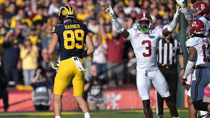 Jan 1, 2024; Pasadena, CA, USA; Alabama Crimson Tide defensive back Terrion Arnold (3) celebrates