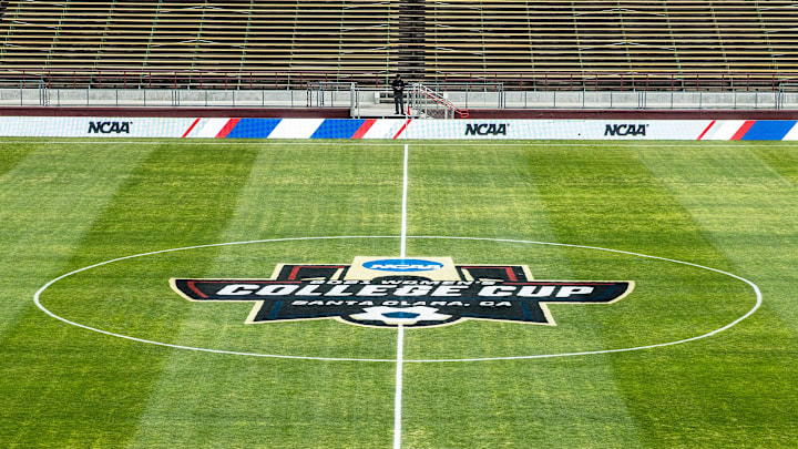 Dec 3, 2021; Santa Clara, CA, USA; A logo on the field is seen before the 2021 Women's College Cup semifinals between the Florida State Seminoles and the Rutgers Scarlet Knights at Stevens Stadium. Mandatory Credit: John Hefti-Imagn Images