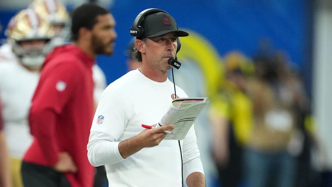 Oct 2, 2025; Inglewood, California, USA; San Francisco 49ers head coach Kyle Shanahan during the second half at SoFi Stadium. Mandatory Credit: Kirby Lee-Imagn Images