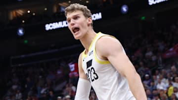 Oct 15, 2024; Salt Lake City, Utah, USA; Utah Jazz forward Lauri Markkanen (23) reacts to a play against the Sacramento Kings during the second quarter at Delta Center. Mandatory Credit: Rob Gray-Imagn Images