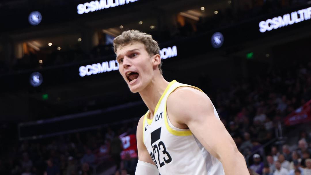 Oct 15, 2024; Salt Lake City, Utah, USA; Utah Jazz forward Lauri Markkanen (23) reacts to a play against the Sacramento Kings during the second quarter at Delta Center.