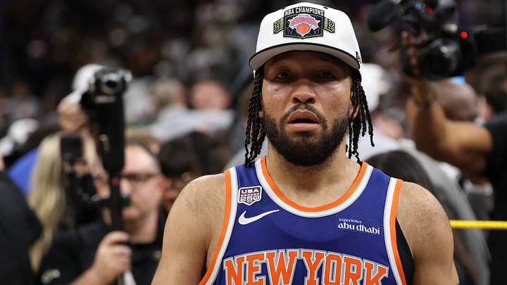 Jun 13, 2026; San Antonio, Texas, USA; New York Knicks guard Jalen Brunson (11) walks to the end of the court prior to the championship trophy celebration after game five of the 2026 NBA Finals against the San Antonio Spurs at Frost Bank Center. Mandatory Credit: Geoff Burke-Imagn Images