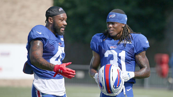 Bills veteran defensive back Christian Benford talks with rookie Maxwell Hairston between drills during day five of Buffalo Bills training camp at St. John Fisher University Monday, July 28, 2025 in Pittsford, NY.