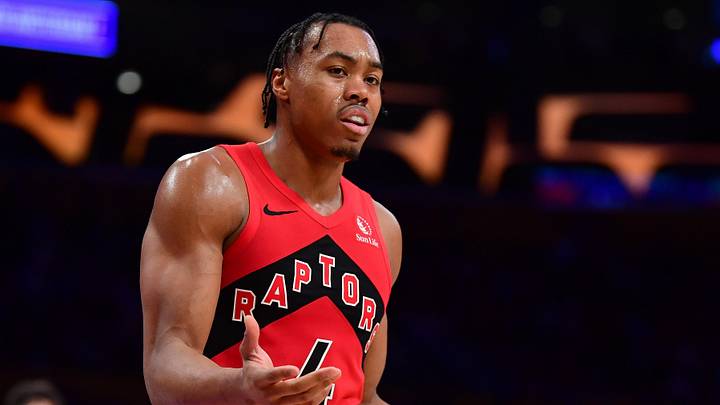 Jan 18, 2026; Los Angeles, California, USA; Toronto Raptors forward Scottie Barnes (4) reacts after a techical foul called against him during the second half at Crypto.com Arena. Mandatory Credit: Gary A. Vasquez-Imagn Images