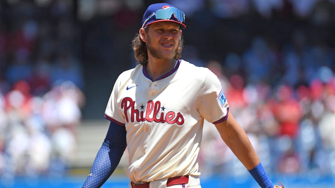 Jul 6, 2025; Philadelphia, Pennsylvania, USA; Philadelphia Phillies third base Alec Bohm (28) against the Cincinnati Reds at Citizens Bank Park. Mandatory Credit: Eric Hartline-Imagn Images