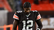 Nov 16, 2025; Cleveland, Ohio, USA; Cleveland Browns quarterback Shedeur Sanders (12) walks off the field following a game against the Baltimore Ravens at Huntington Bank Field. 
