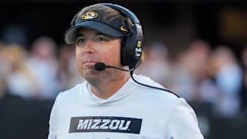 Sep 7, 2024; Columbia, Missouri, USA; Missouri Tigers coach Eli Drinkwitz watches play against the Buffalo Bulls during the first half at Faurot Field at Memorial Stadium.